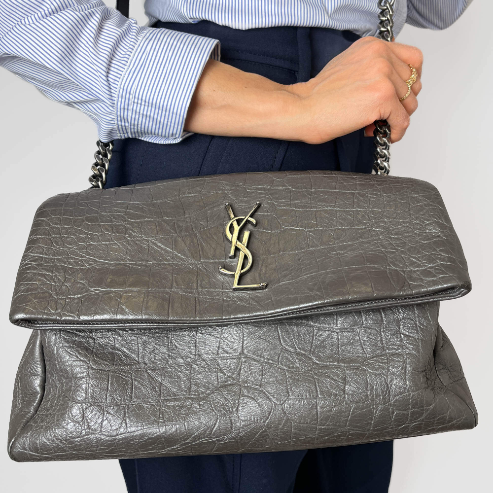 Saint Laurent Niki Medium Moc Croc Grained Calfskin Leather 2-Ways Flap Shoulder Bag Grey