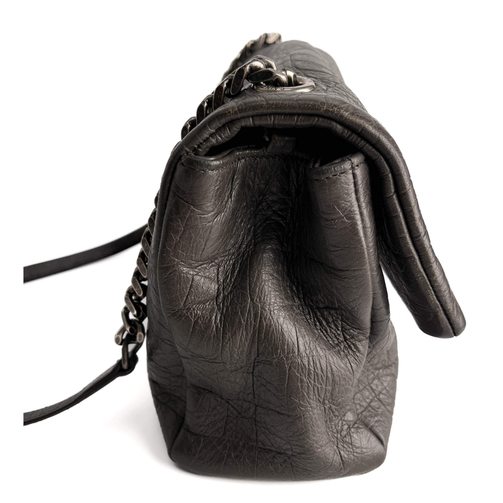 Saint Laurent Niki Medium Moc Croc Grained Calfskin Leather 2-Ways Flap Shoulder Bag Grey