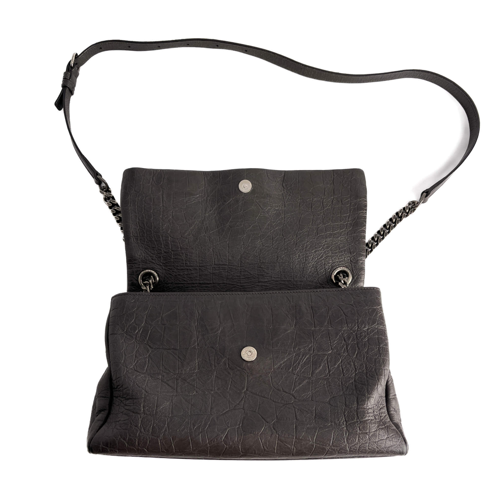 Saint Laurent Niki Medium Moc Croc Grained Calfskin Leather 2-Ways Flap Shoulder Bag Grey