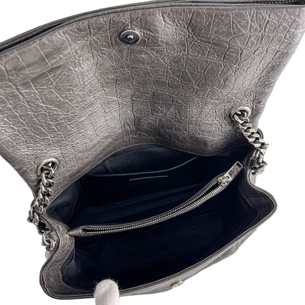 Saint Laurent Niki Medium Moc Croc Grained Calfskin Leather 2-Ways Flap Shoulder Bag Grey