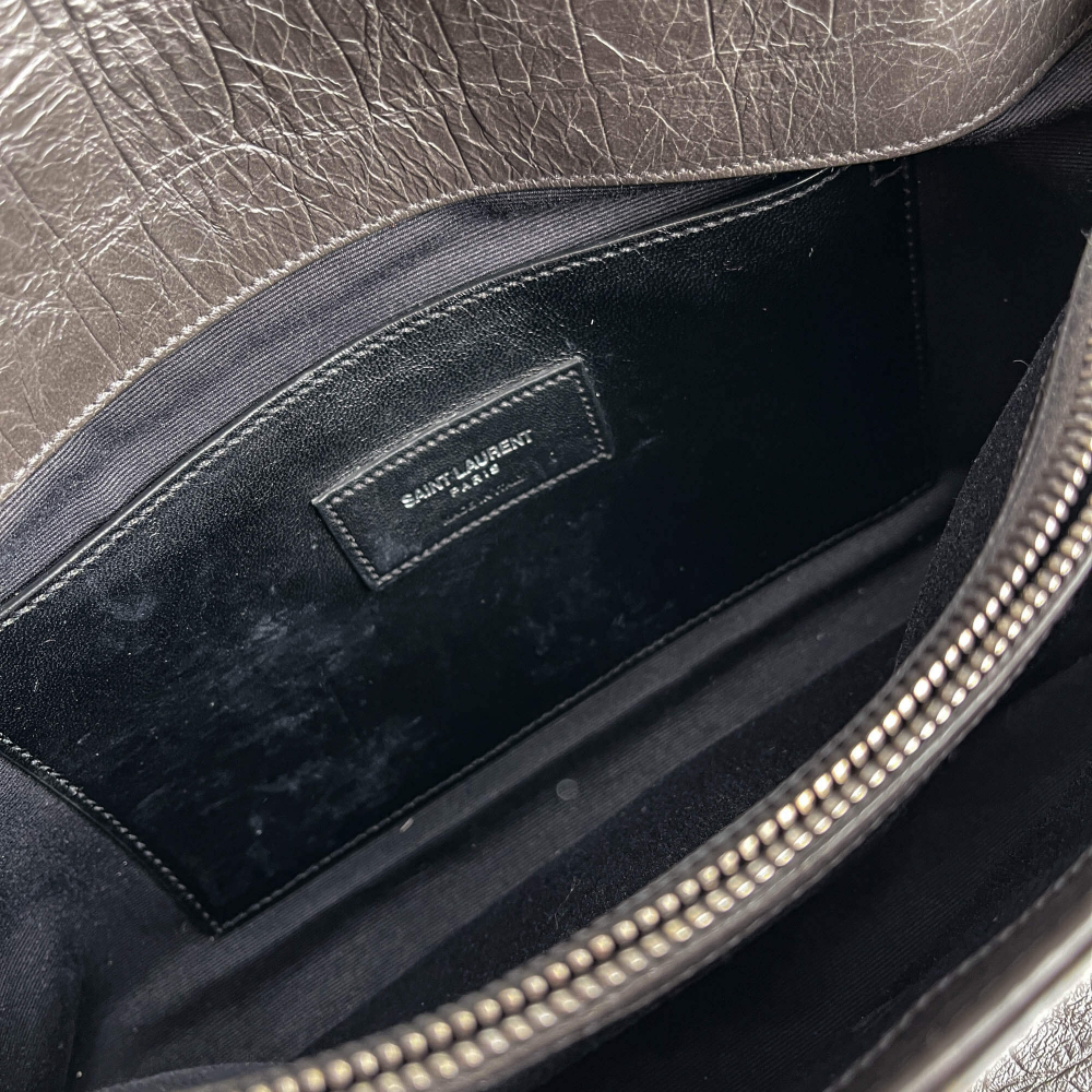 Saint Laurent Niki Medium Moc Croc Grained Calfskin Leather 2-Ways Flap Shoulder Bag Grey