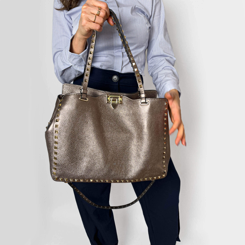 Valentino Rockstud Medium Calfskin Leather 2-Ways Tote Bag Metallic