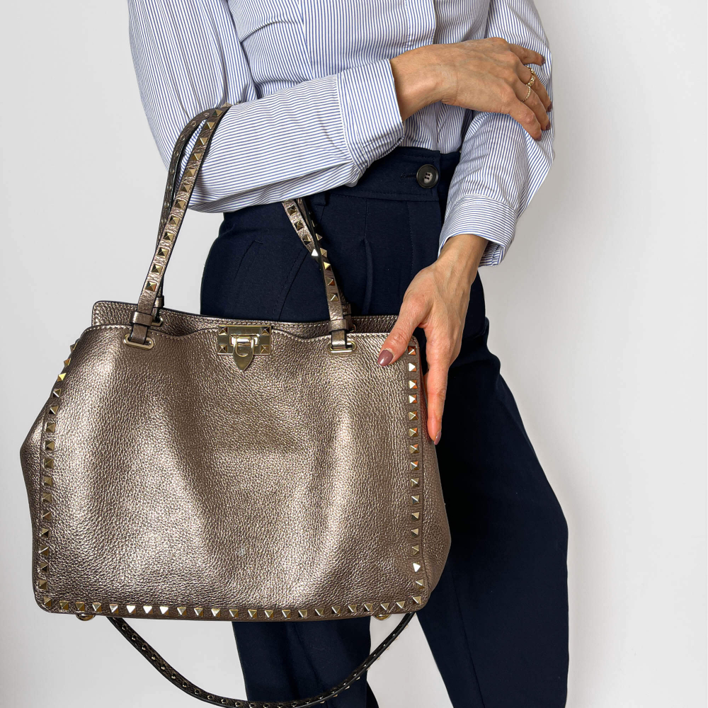 Valentino Rockstud Medium Calfskin Leather 2-Ways Tote Bag Metallic