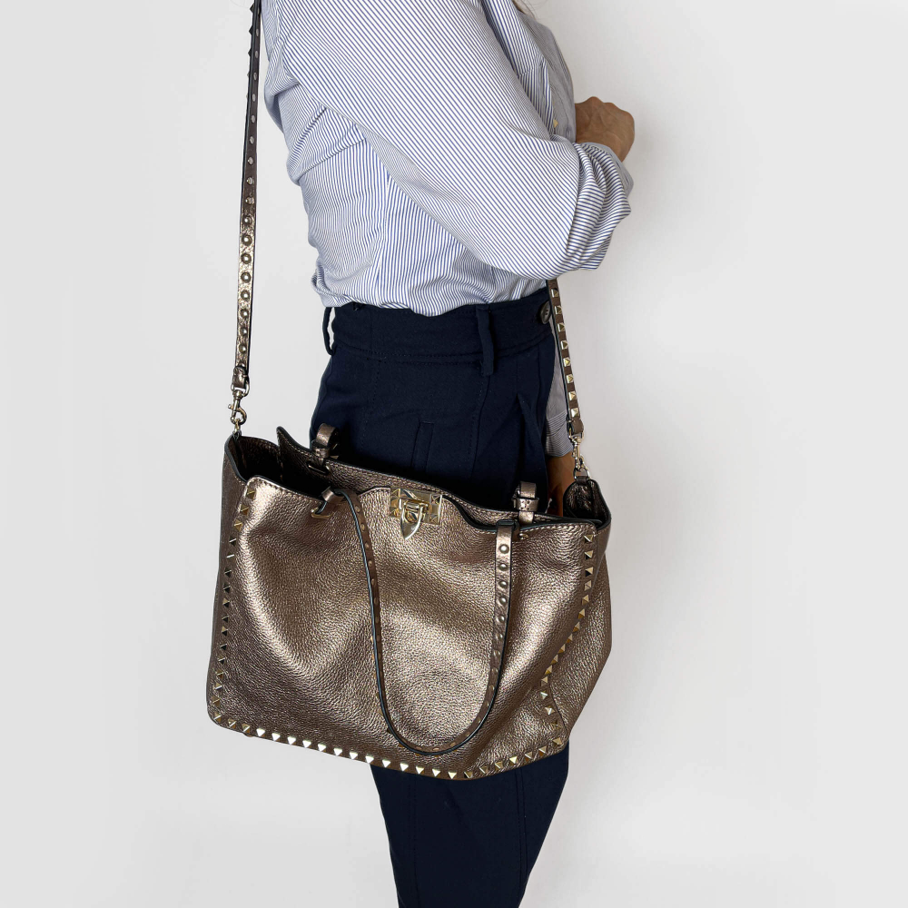 Valentino Rockstud Medium Calfskin Leather 2-Ways Tote Bag Metallic