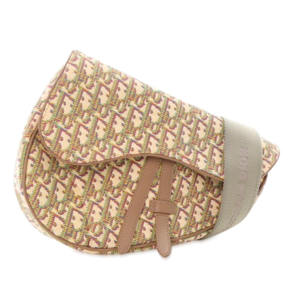 Christian Dior AB Dior Brown Beige Canvas Fabric Multicolor Oblique Saddle Crossbody Italy