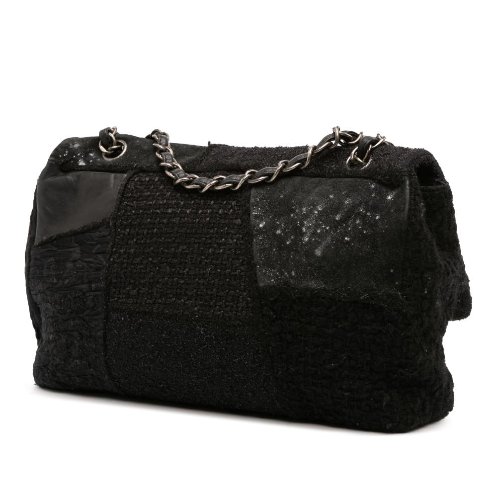 Chanel B Chanel Black Tweed Fabric Jumbo Patchwork Flap Italy