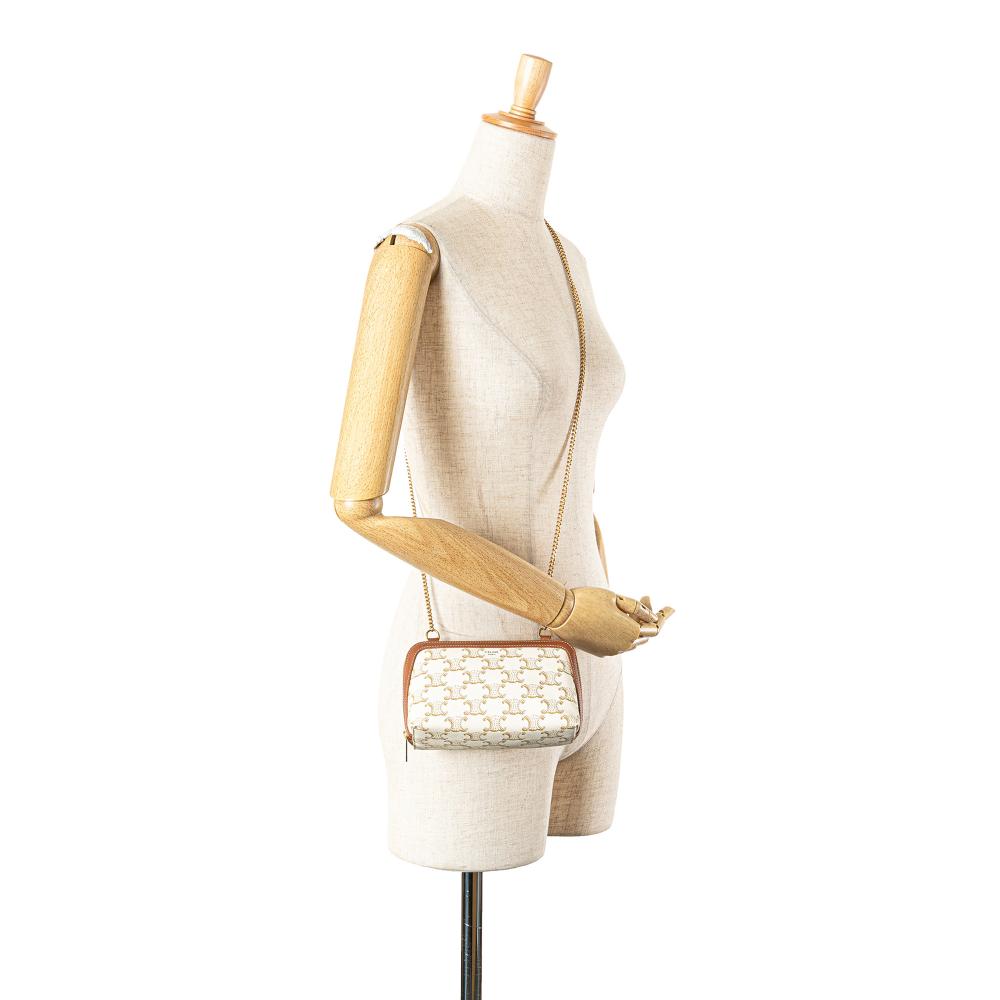 Celine B Celine White Coated Canvas Fabric Triomphe Clutch On Chain Italy