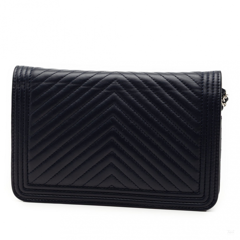 Chanel Boy Lambskin Leather Chevron Wallet on Chain Crossbody Blue