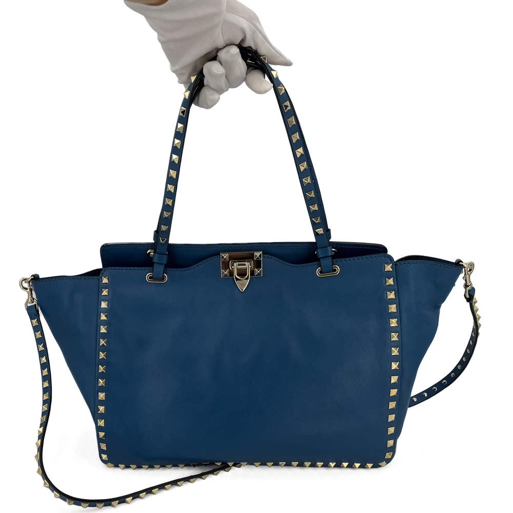 Valentino Rockstud Medium Calfskin Leather 2-Ways Tote Bag Blue