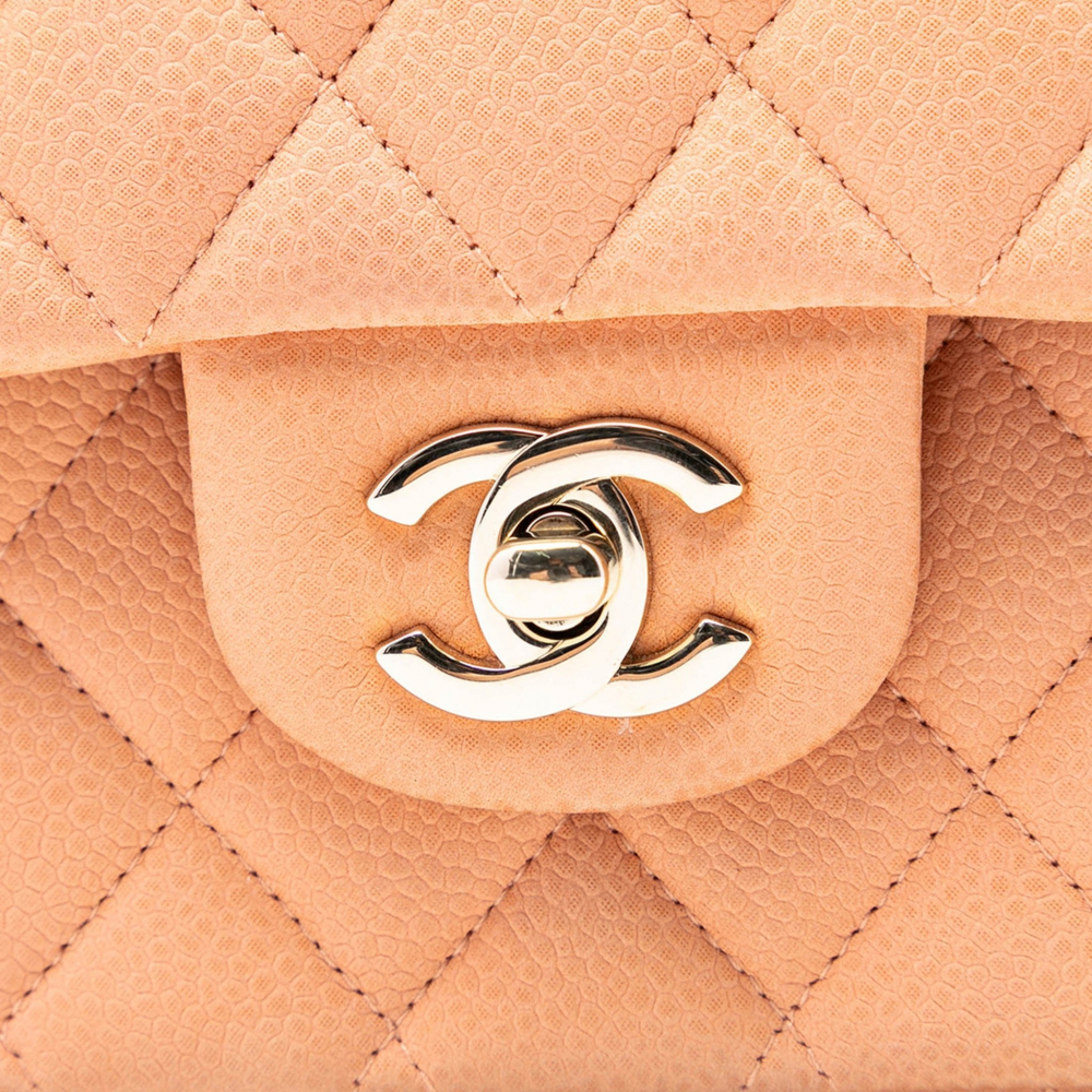 Chanel Classic Double Flap Medium Caviar Leather Matelassè Shoulder Bag Orange