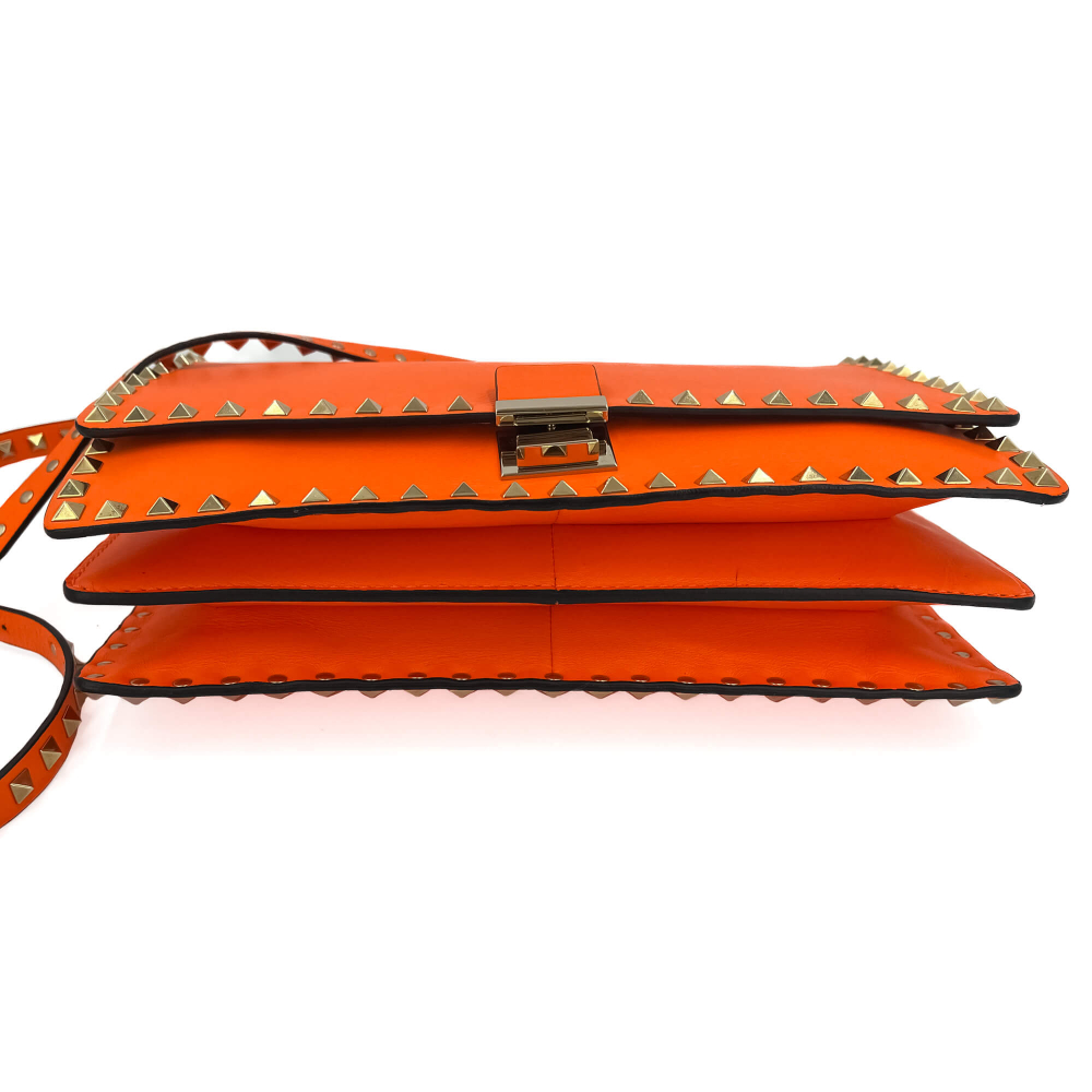 Valentino Rockstud Calfskin Leather 2-Ways Flap Shoulder Bag Neon Orange