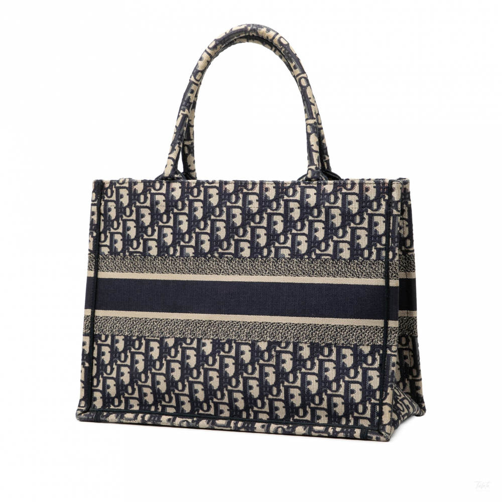 Christian Dior Book Tote Medium Canvas Embroidery Handbag Oblique Blue