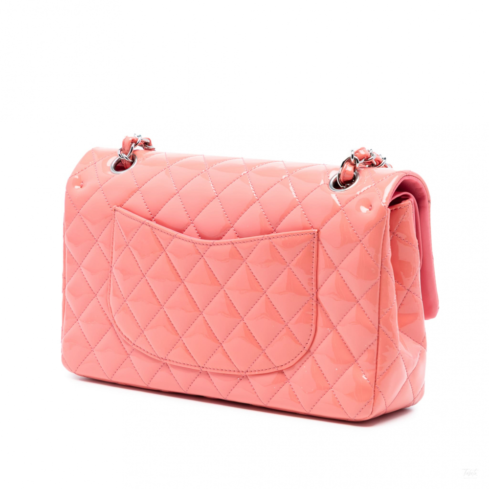 Chanel Classic Double Flap Medium Patent Leather Matelassè Shoulder Bag Pink