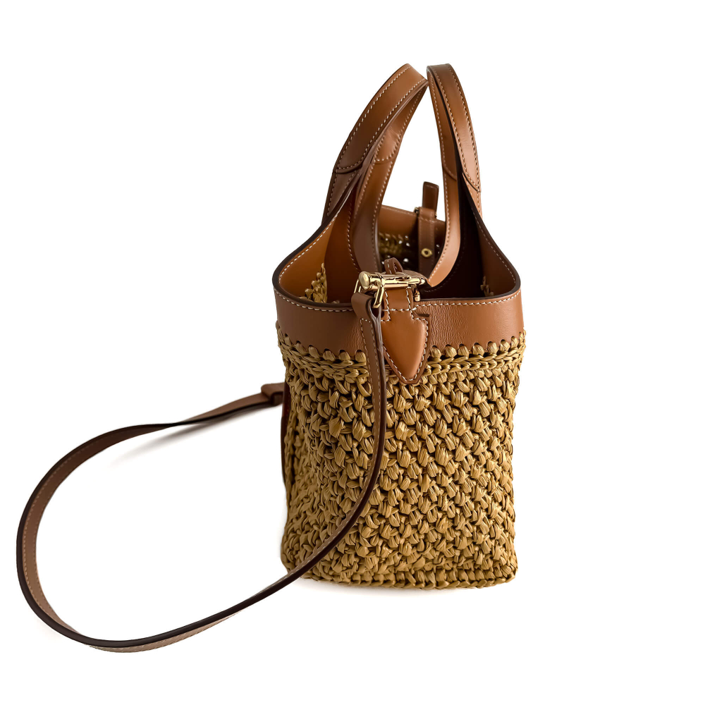 Tod's T Timeless Mini Woven Raffia and Leather Shopper Crossbody Natural brown