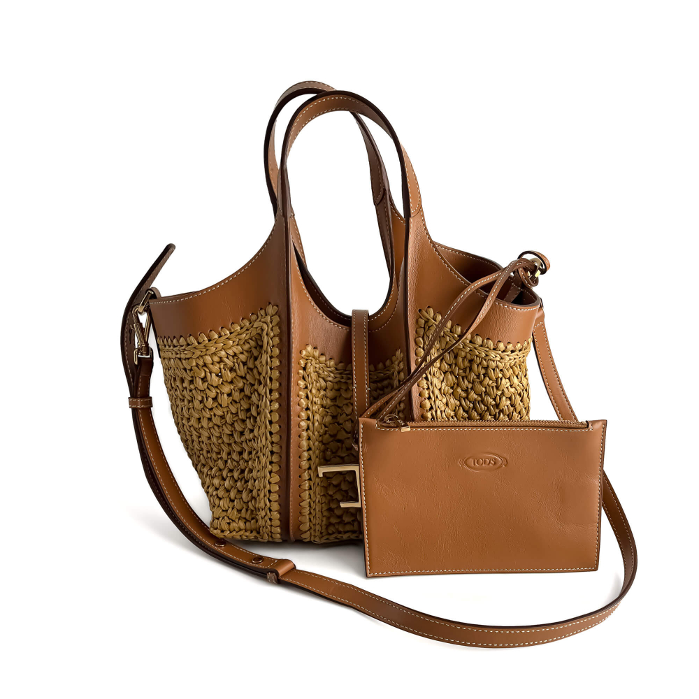 Tod's T Timeless Mini Woven Raffia and Leather Shopper Crossbody Natural brown