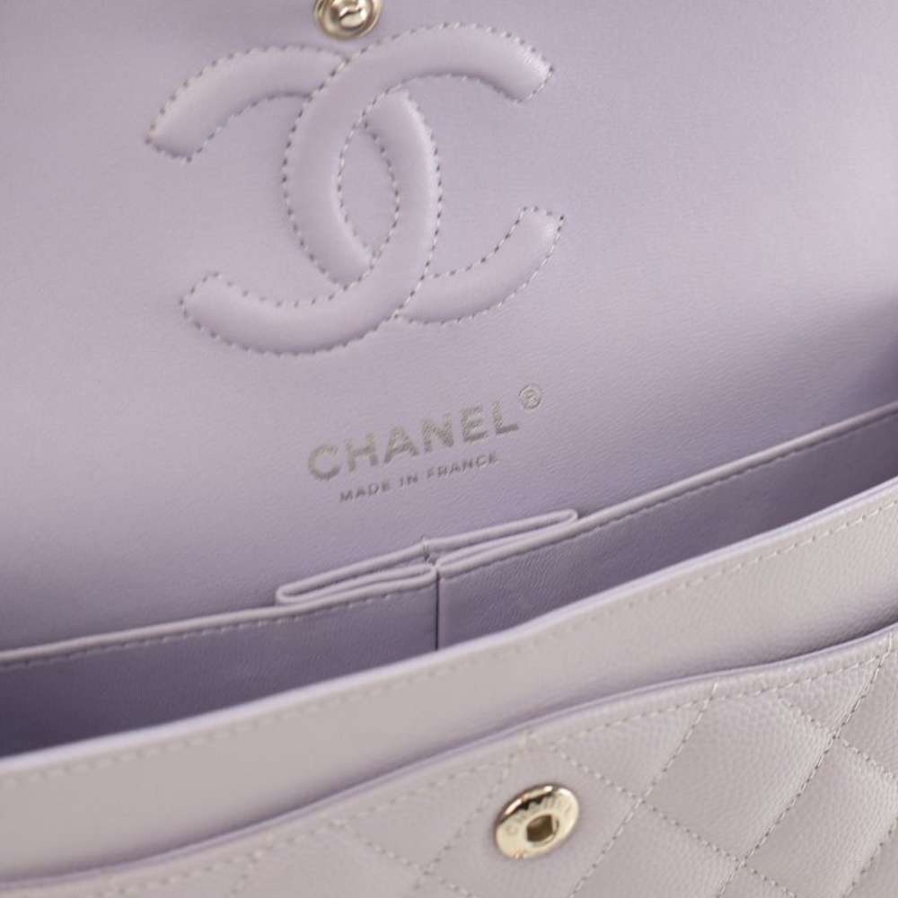 Chanel Classic Double Flap Small Caviar Leather Matelassè Shoulder Bag Purple