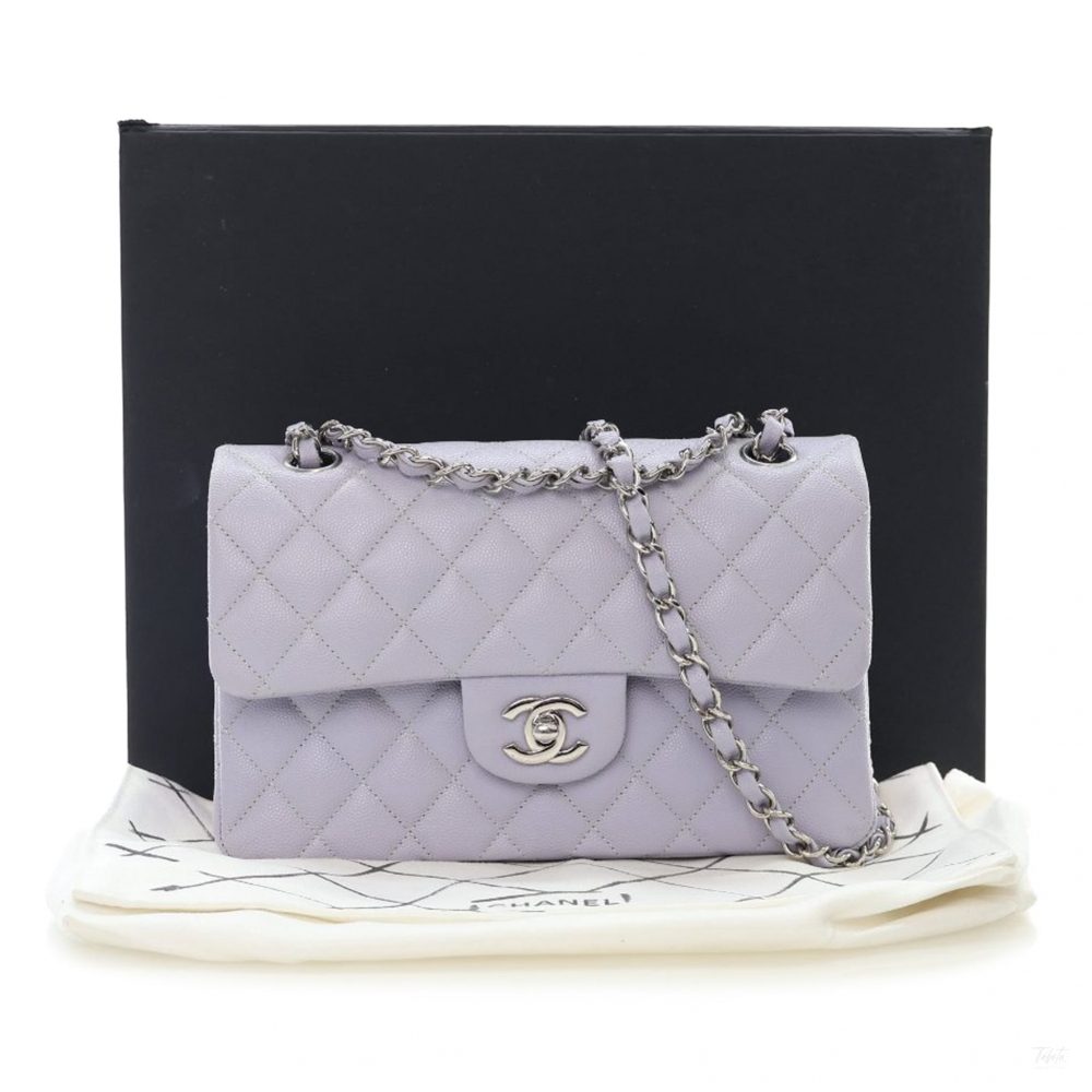 Chanel Classic Double Flap Small Caviar Leather Matelassè Shoulder Bag Purple