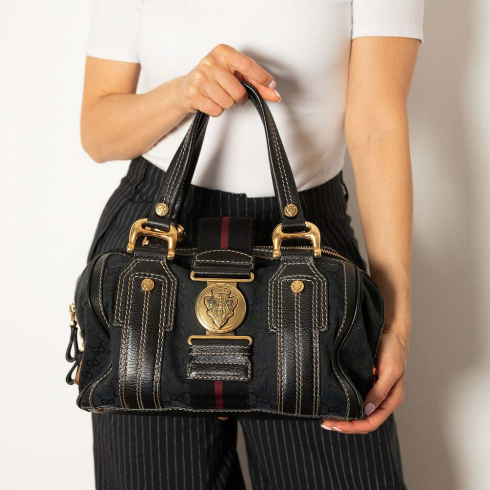 Gucci Ophidia Boston Small Aviatrix Guccissima Canvas Trunk Handbag Black