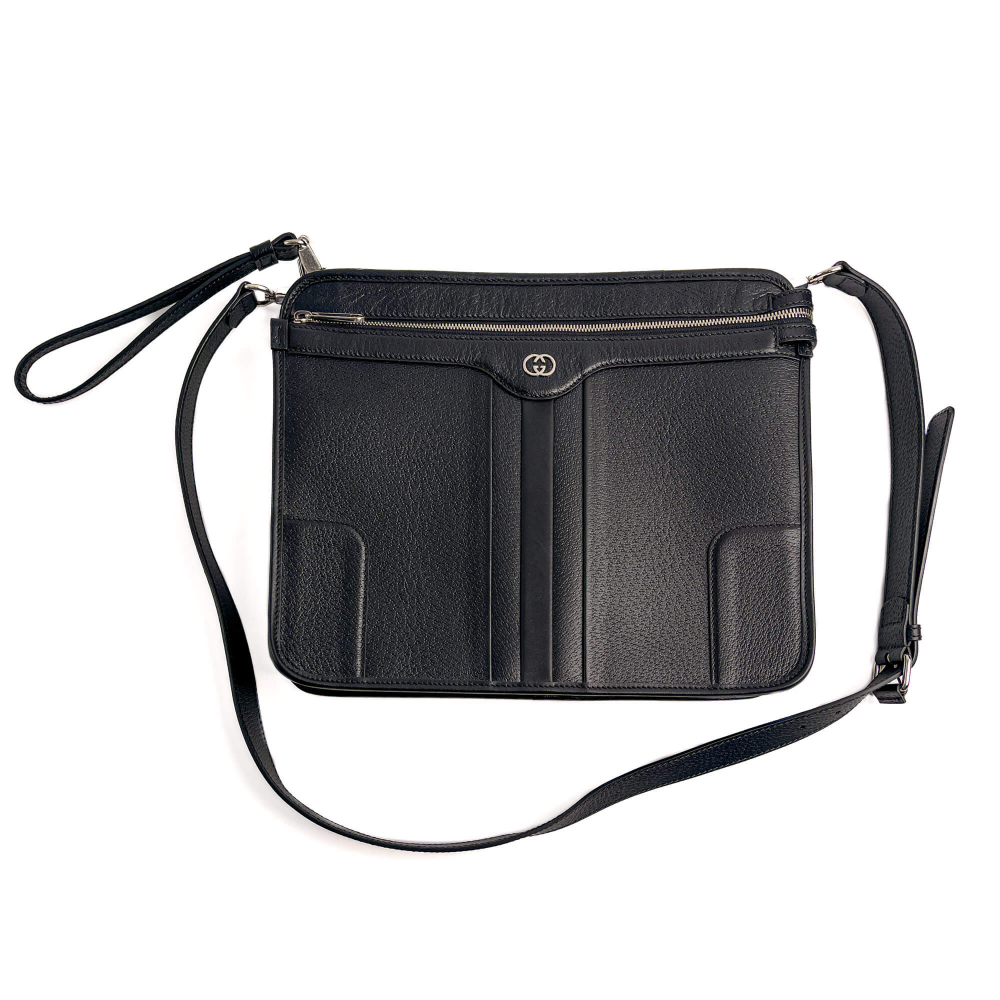 Gucci Interlocking Leather Messenger Crossbody Black