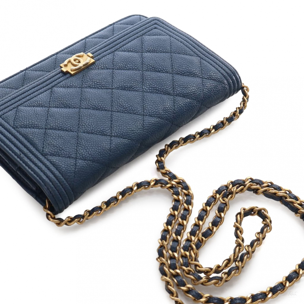 Chanel Boy Caviar Leather Quilted Wallet on Chain Crossbody Blue