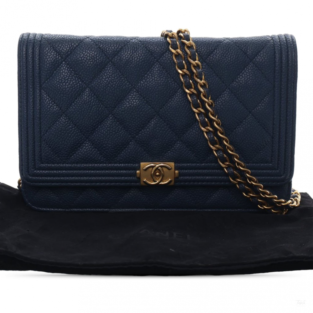 Chanel Boy Caviar Leather Quilted Wallet on Chain Crossbody Blue