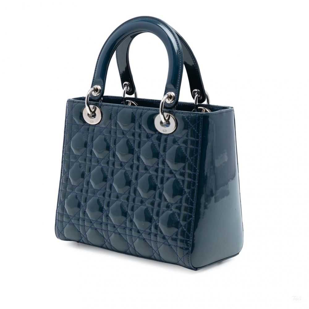 Christian Dior Lady Dior Medium Patent Leather Cannage Tote Handbag Blue