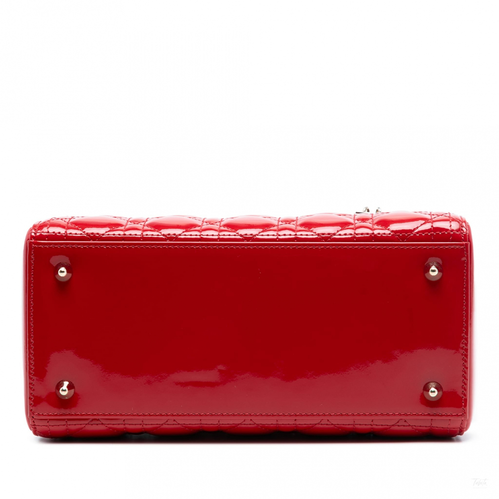 Christian Dior Lady Dior Medium Patent Leather Zip Cannage Tote Handbag Red