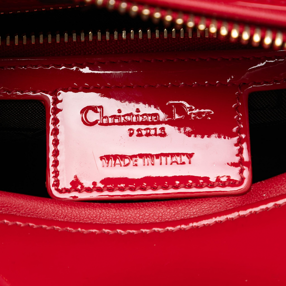 Christian Dior Lady Dior Medium Patent Leather Zip Cannage Tote Handbag Red