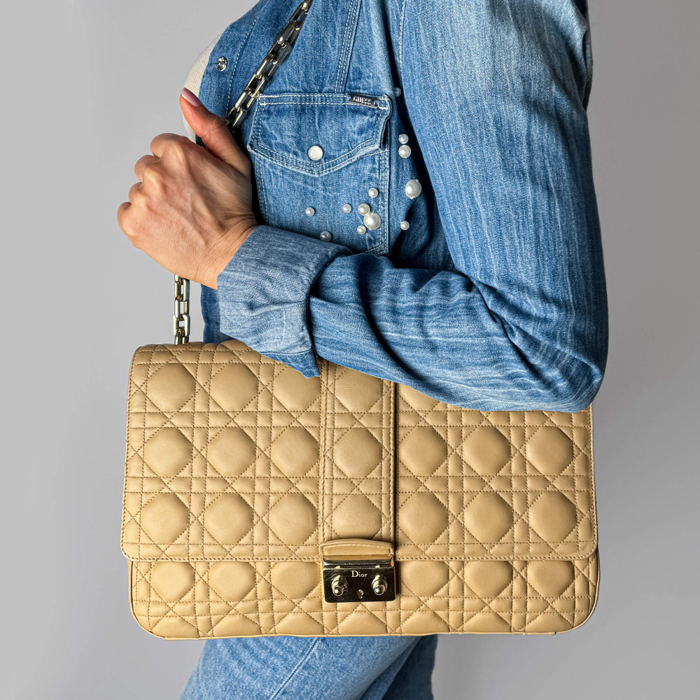 Christian Dior Miss Dior Promenade Large Cannage Lambskin Leather Flap Shoulder Bag Beige