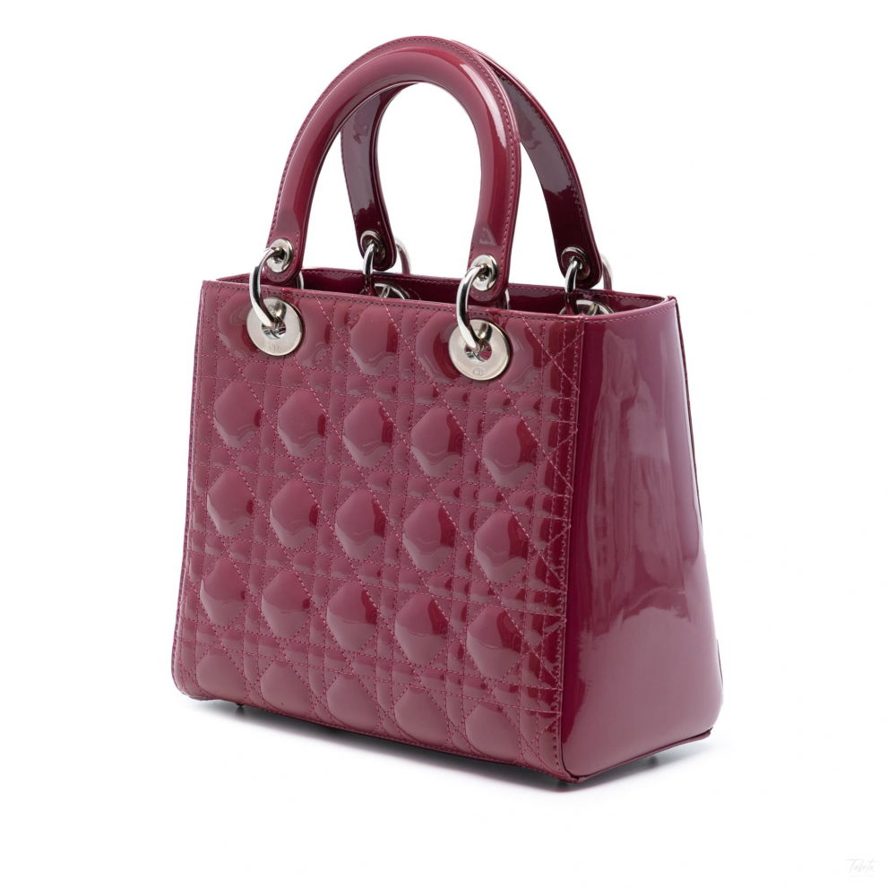 Christian Dior Lady Dior Medium Patent Leather Zip Cannage Tote Handbag Pink