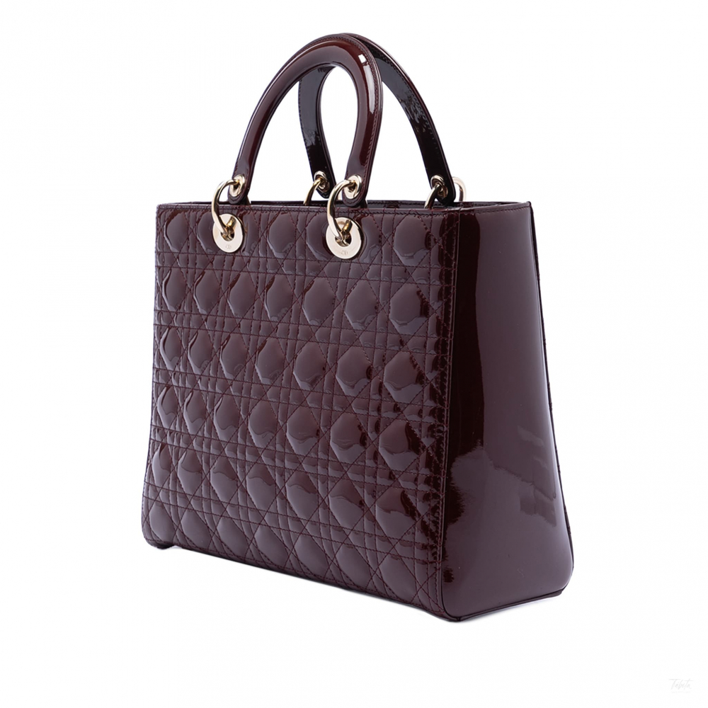 Christian Dior Lady Dior Large Patent Leather Zip Cannage Tote Handbag Red