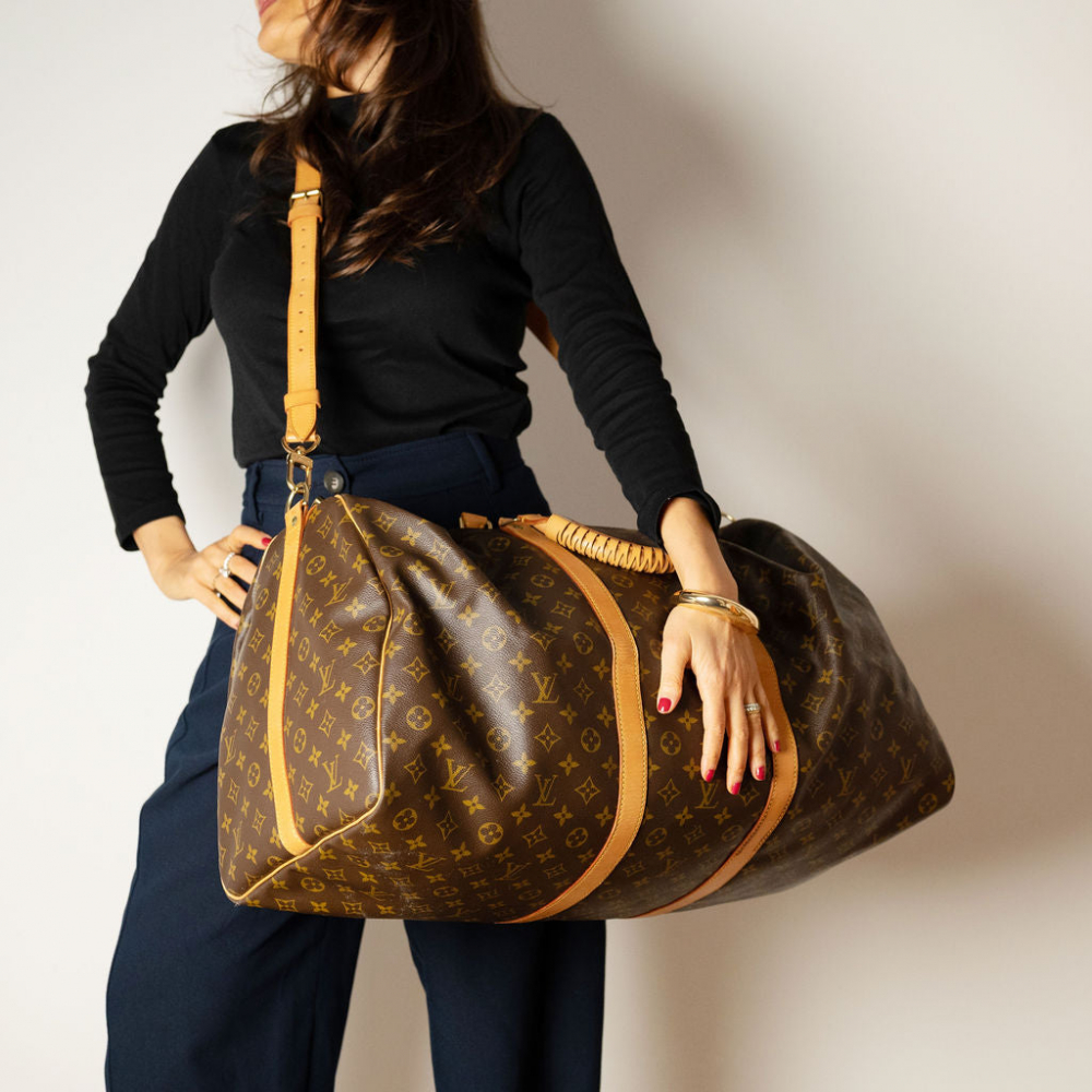 Louis Vuitton Keepall 60 Canvas Weekender Shoulder Bag Brown