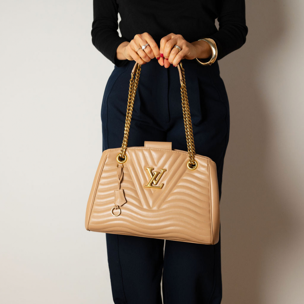 Louis Vuitton New Wave Chain Smooth Calfskin Leather Quilted Tote Shoulder Bag Noisette