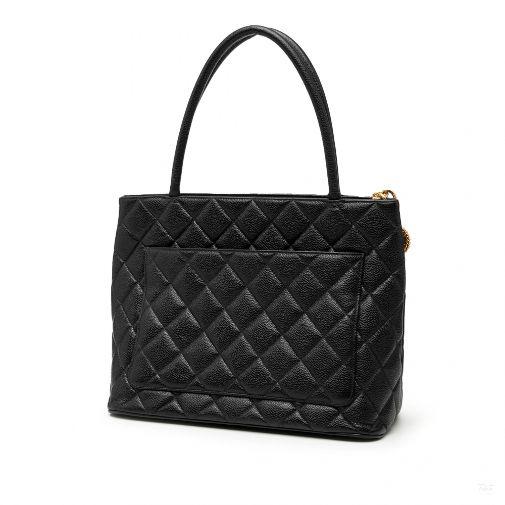 Chanel Vintage Medallion Caviar Leather Quilted Tote Handbag Black