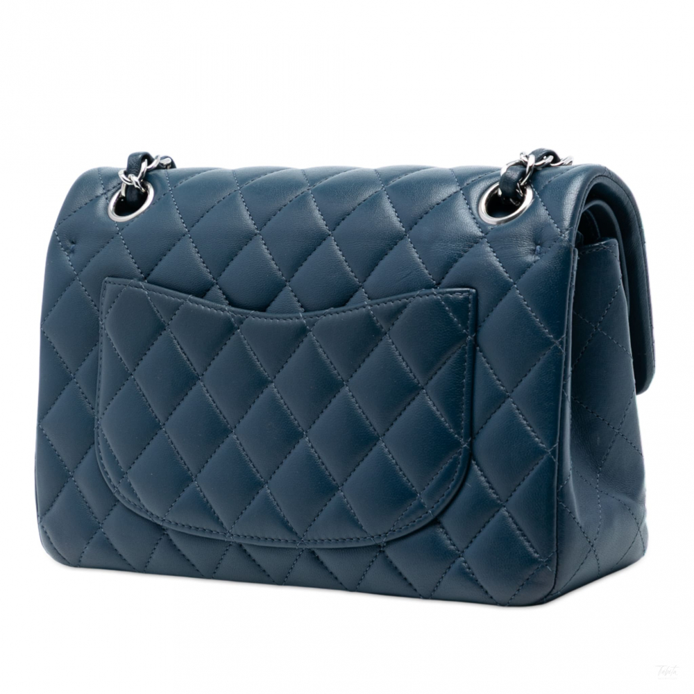 Chanel Classic Double Flap Small Lambskin Leather Matelassè Shoulder Bag Blue