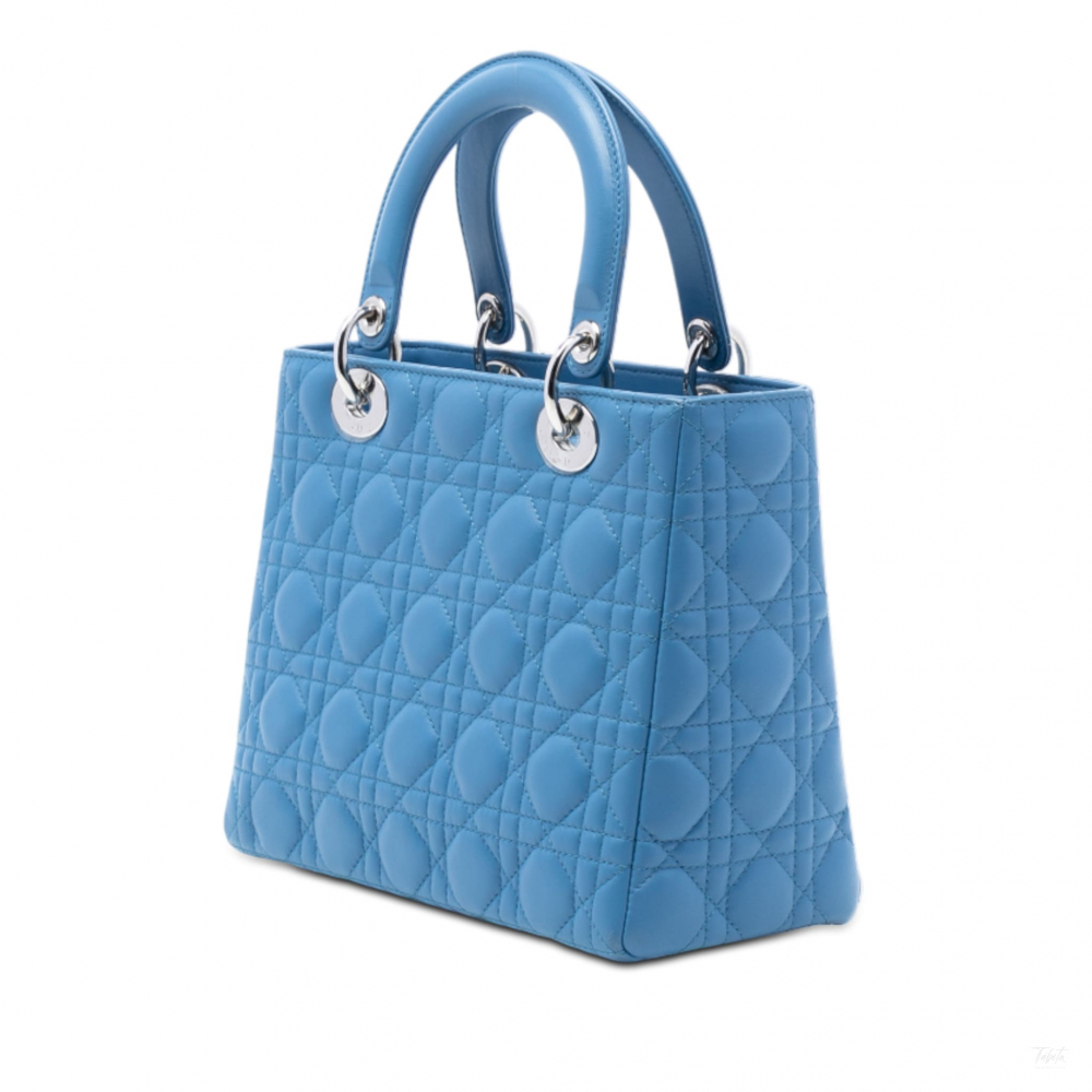 Christian Dior Lady Dior Medium Zip Closure Cannage Lambskin Leather 2-Ways Tote Bag Blue