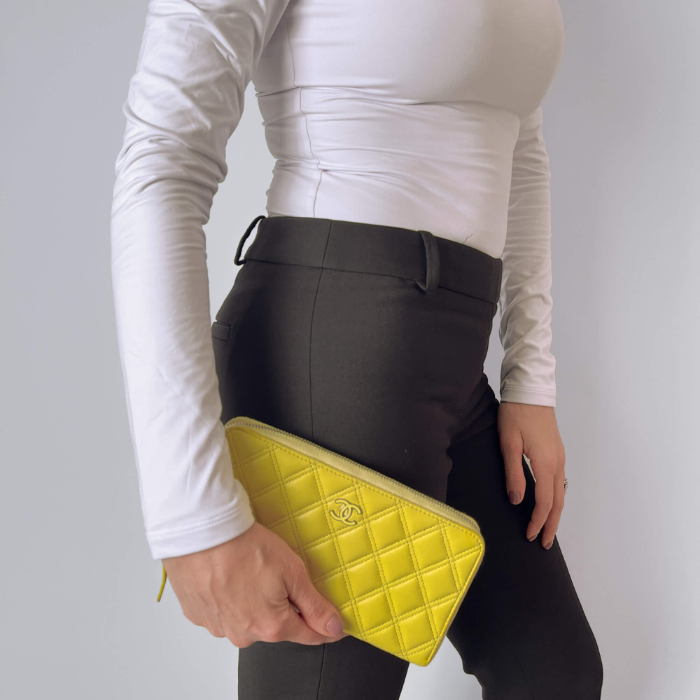 Chanel Long Zip Around Wallet Quilted Lambskin Leather Yellow