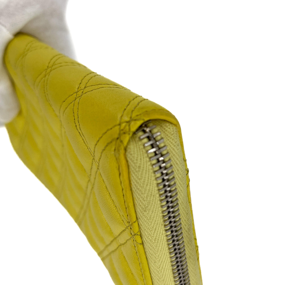 Chanel Long Zip Around Wallet Quilted Lambskin Leather Yellow