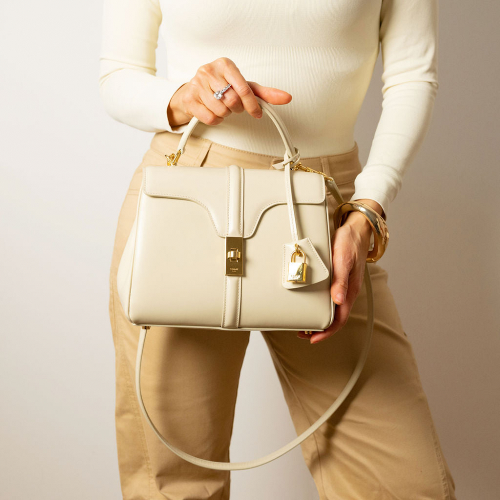 Celine 16 Small Shiny Calfskin Leather Top-Handle Handbag Rice