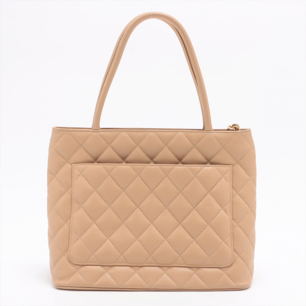 Chanel Medallion Tote Bag Beige Caviarskin Gold Metal