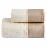Biancoperla NICOL Hand + Guest Terry Towel Set in cotton terry 430gr with linen frill and cotton, Ivory
