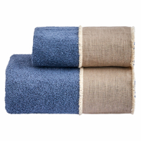 Biancoperla NICOL Hand + Guest Terry Towel Set in cotton terry 430gr with linen frill and cotton, Blue