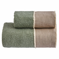 Biancoperla NICOL Hand + Guest Terry Towel Set in cotton terry 430gr with linen frill and cotton, Green