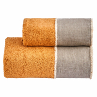 Biancoperla NICOL Hand + Guest Terry Towel Set in cotton terry 430gr with linen frill and cotton, Yellow