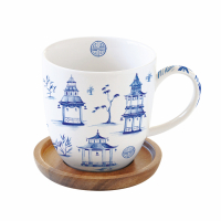 Easy Life Porcelain Mug 350ml W/Acacia Lid/Coaster in Color Box Pagoda