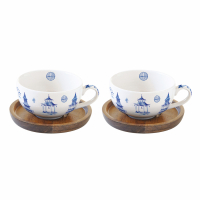 Easy Life Set 2 Porcelai Cups 120ml W/Acacia Saucers in Color Box Pagoda