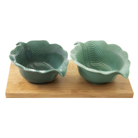 Easy Life Aperitif Set With Bamboo Tray And 2 Leaf-Shaped Porcelain Bowls in Mada Color Box