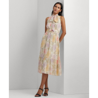 LAUREN Ralph Lauren Women's 'Floral Crinkle Georgette Tie-Neck' Midi Dress