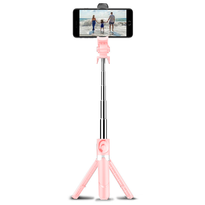 Retractable Bluetooth selfie stick with built-in tripod - Pink