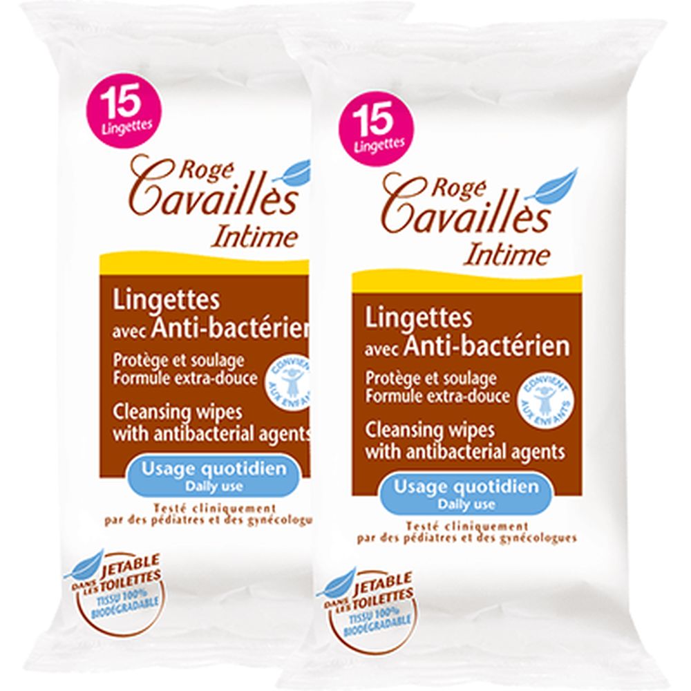 'Anti-Bactérien' Intimate wipes - 15 Pieces, 2 Units